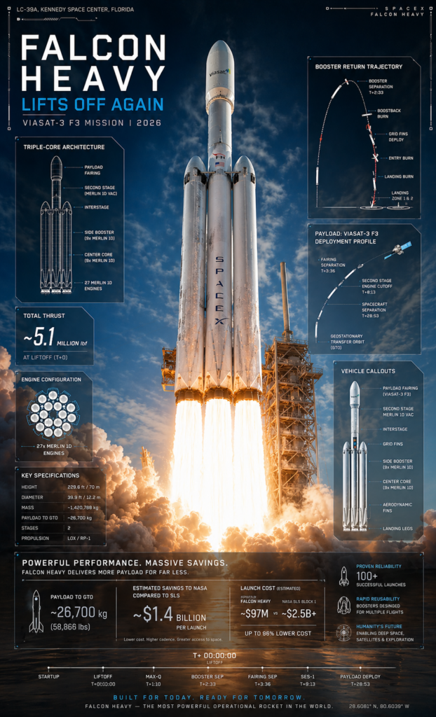 Space Travel Update 2026 shows Falcon Heavy lifting off again with a bright, white rocket and flames against a blue sky.