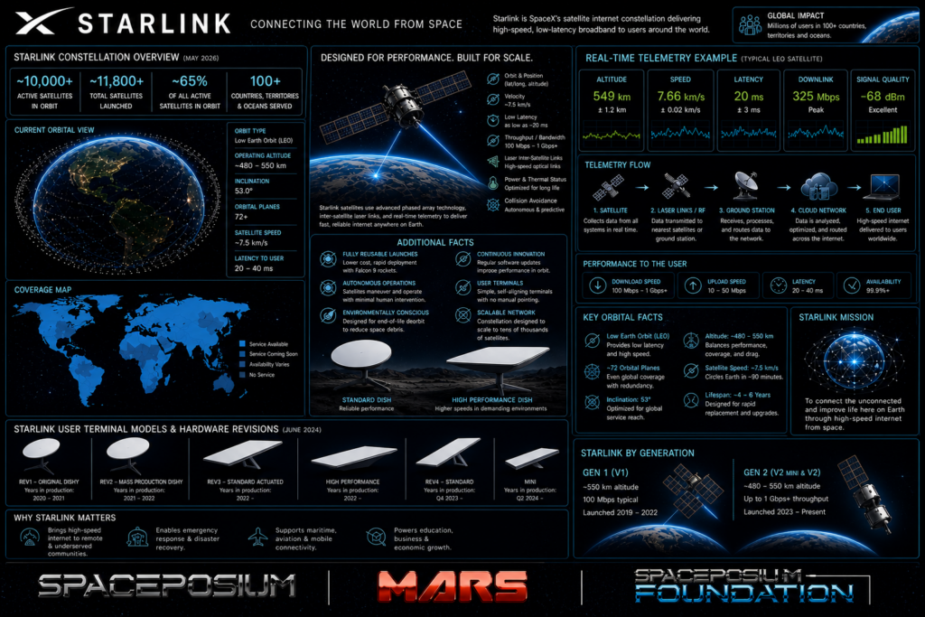 Communications infographic for SpaceX Starlink, showing satellite links, laser connections, and global coverage with glowing blue Earth, terminals, and specs.