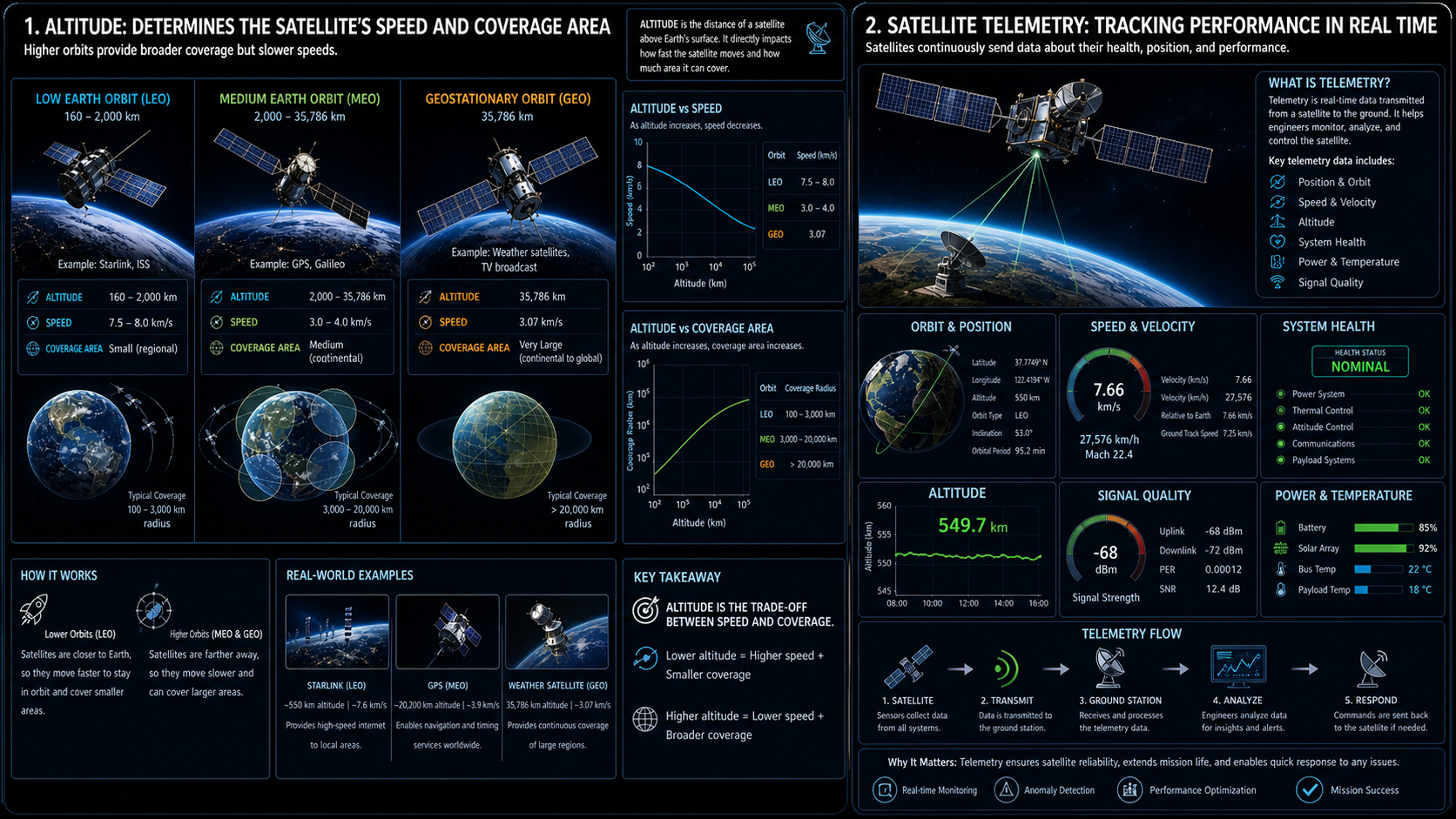 Space Communications infographic showing satellite telemetry and altitude over LEO, MEO and GEO orbits with green signal and system health.