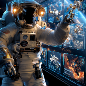 Blue-lit astronauts in white suits float near a futuristic display wall with satellite visuals and spacecraft data under a glowing Earth horizon.